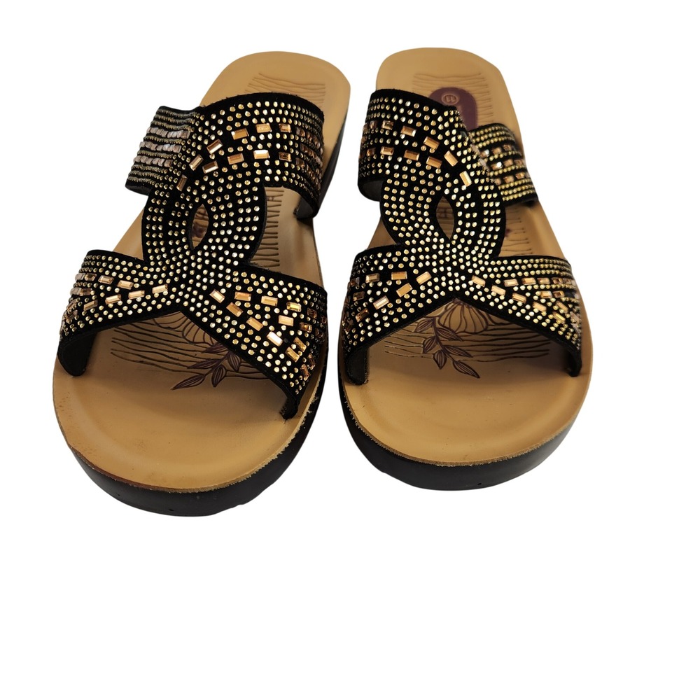 Golden Road Women's Black Gold Rhinestone Wedge Sandals Shoes Size 11 - Picture 8 of 14